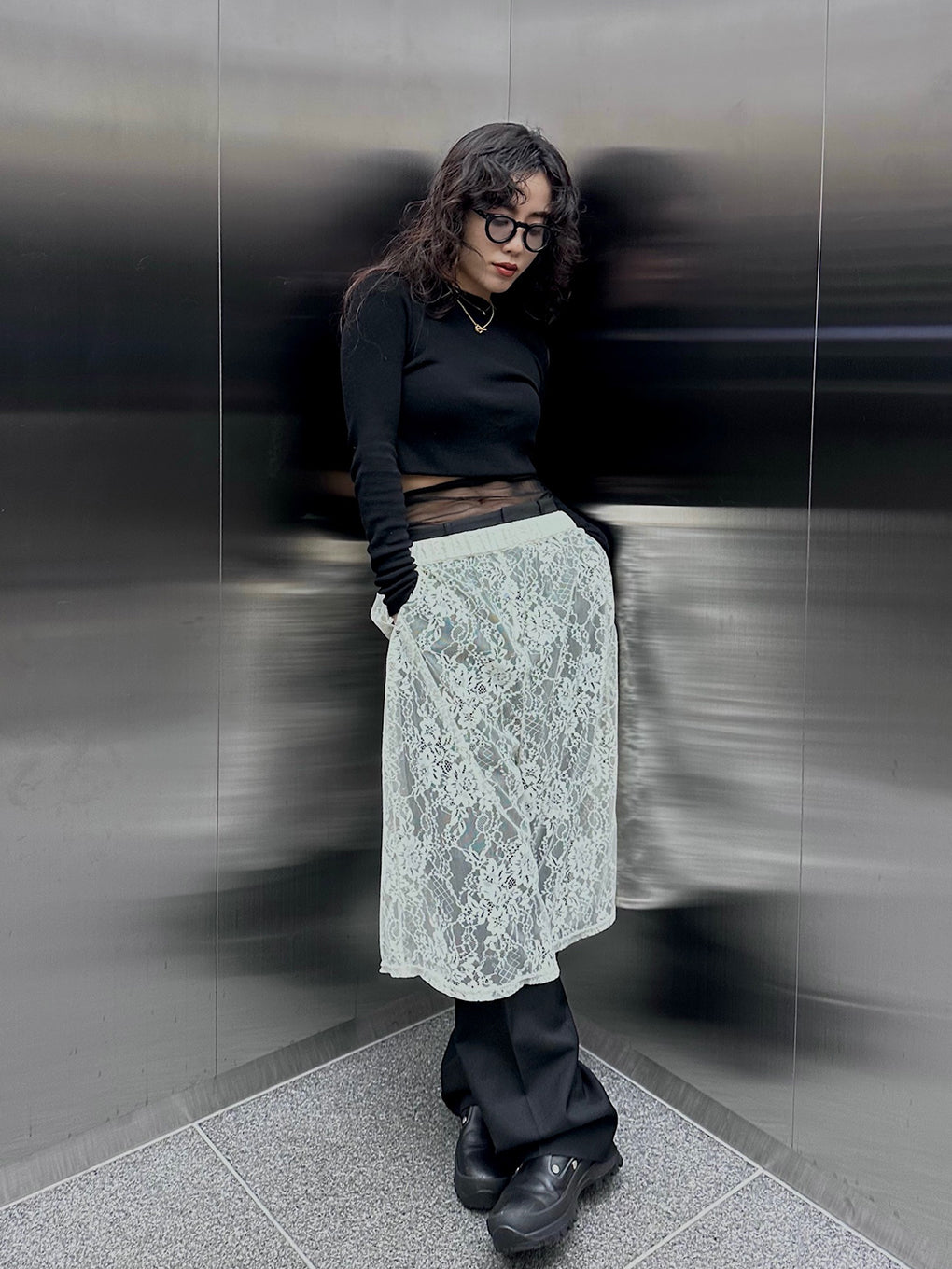 FRENCH TERRY×LACE HALF PANTS