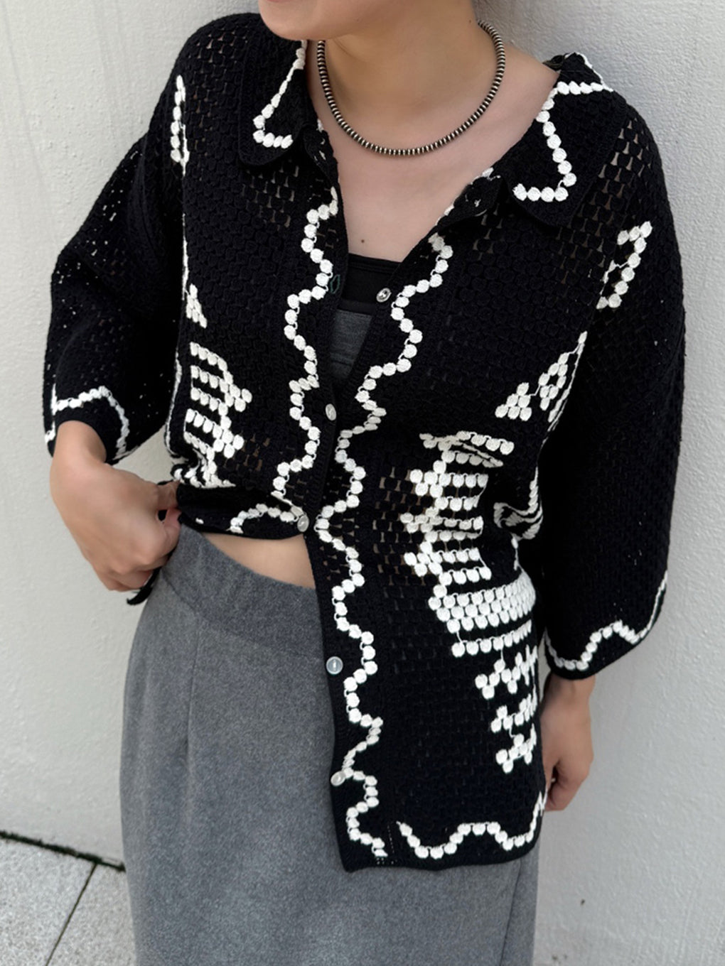 ETHNIC KNIT OPEN COLLAR SHIRT