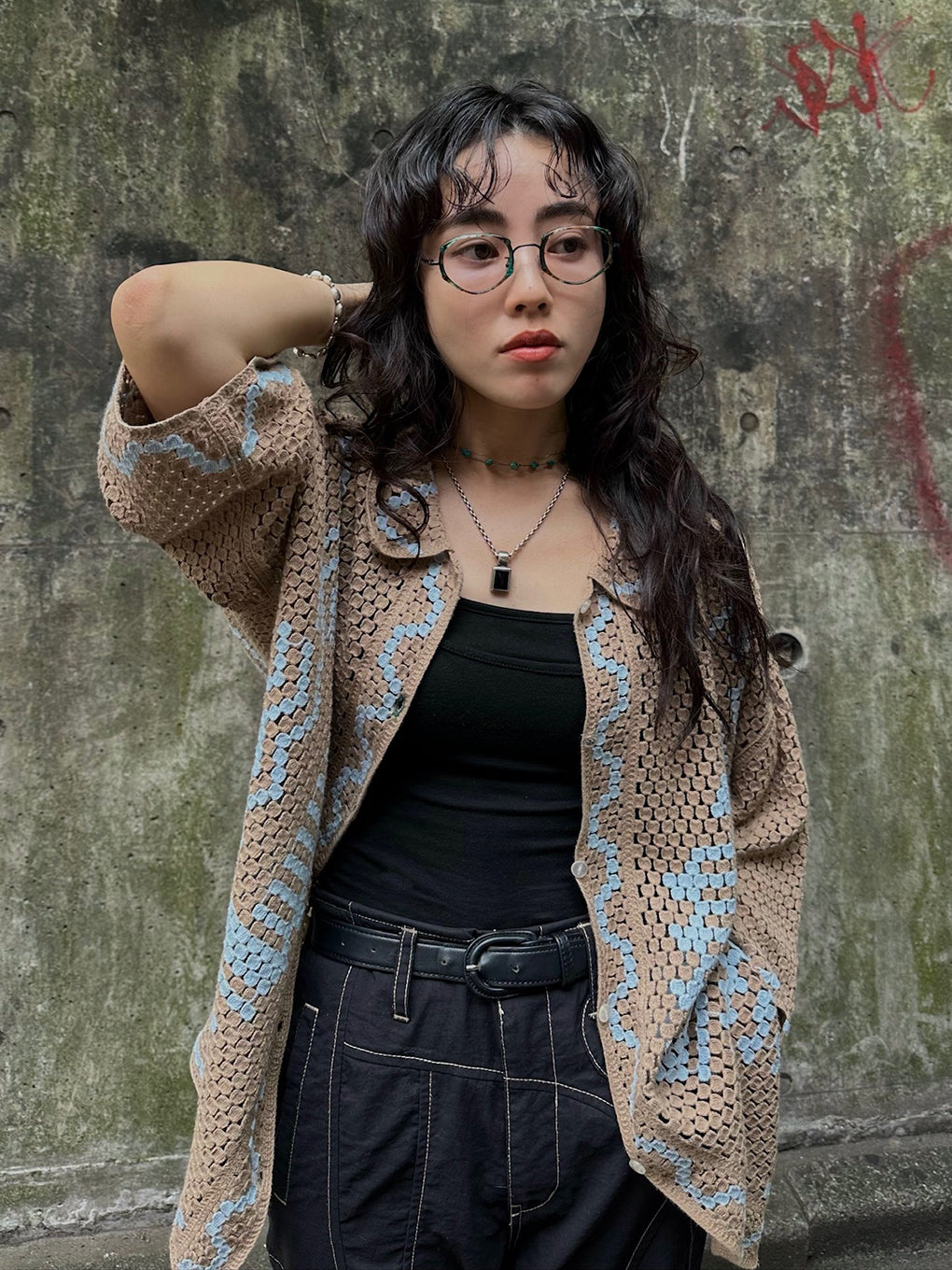 ETHNIC KNIT OPEN COLLAR SHIRT