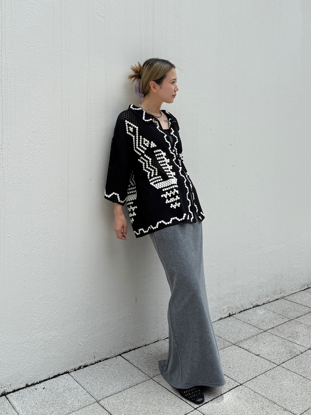 ETHNIC KNIT OPEN COLLAR SHIRT
