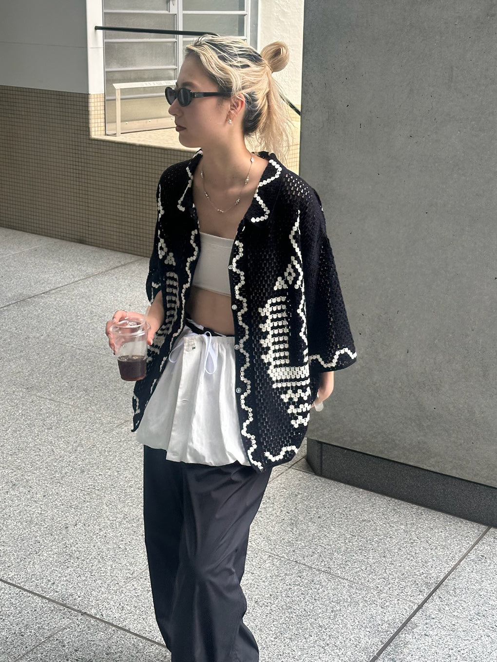 ETHNIC KNIT OPEN COLLAR SHIRT