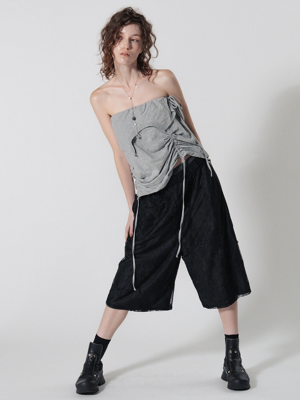 FRENCH TERRY×LACE HALF PANTS