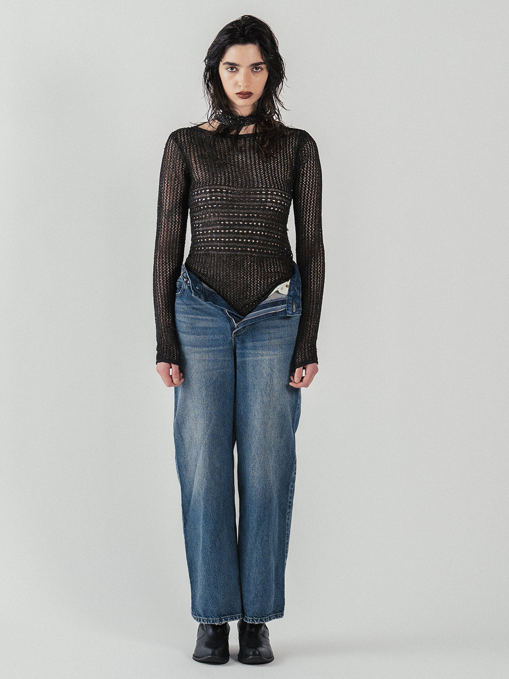 KNIT CROCHET BODYSUITE W/NECKTIE