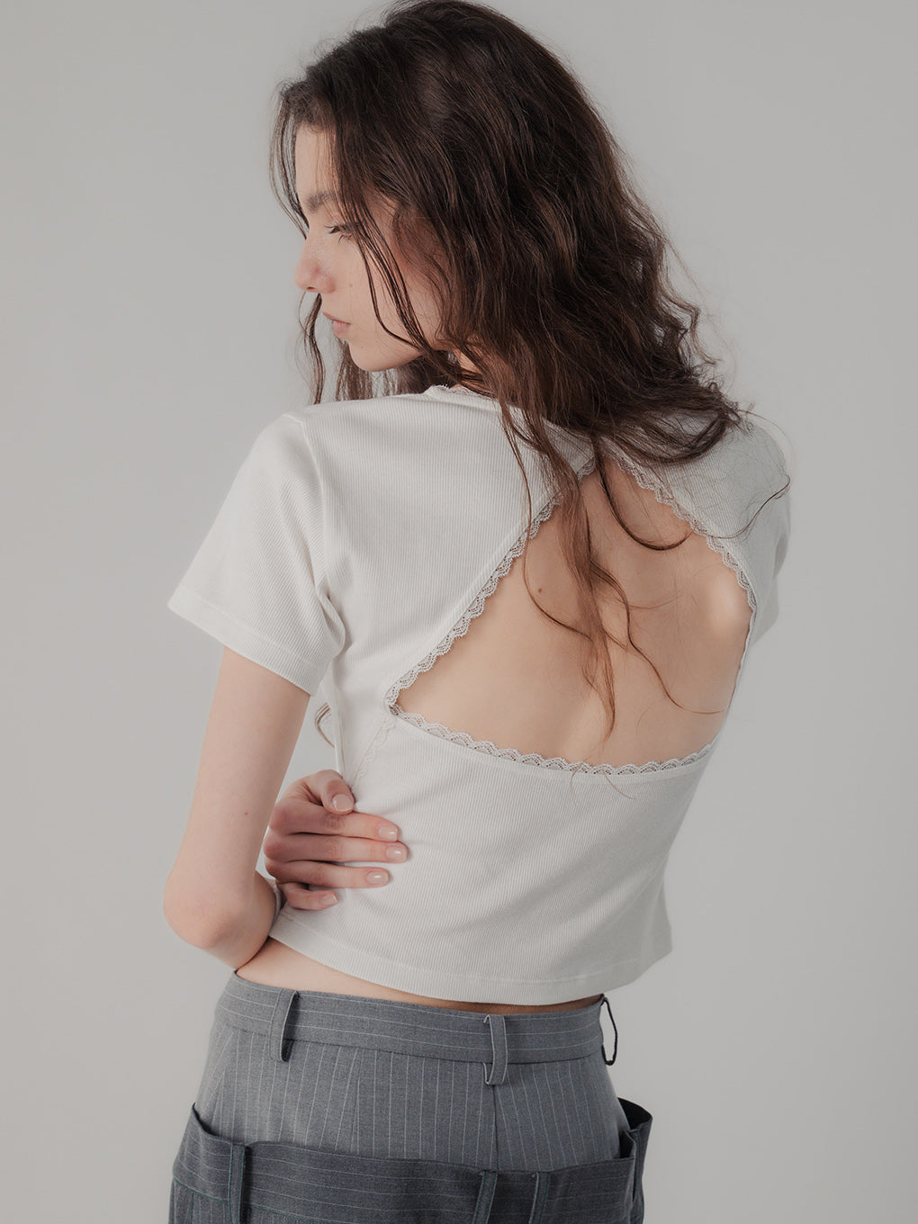 LACE TRIM RIB TEE