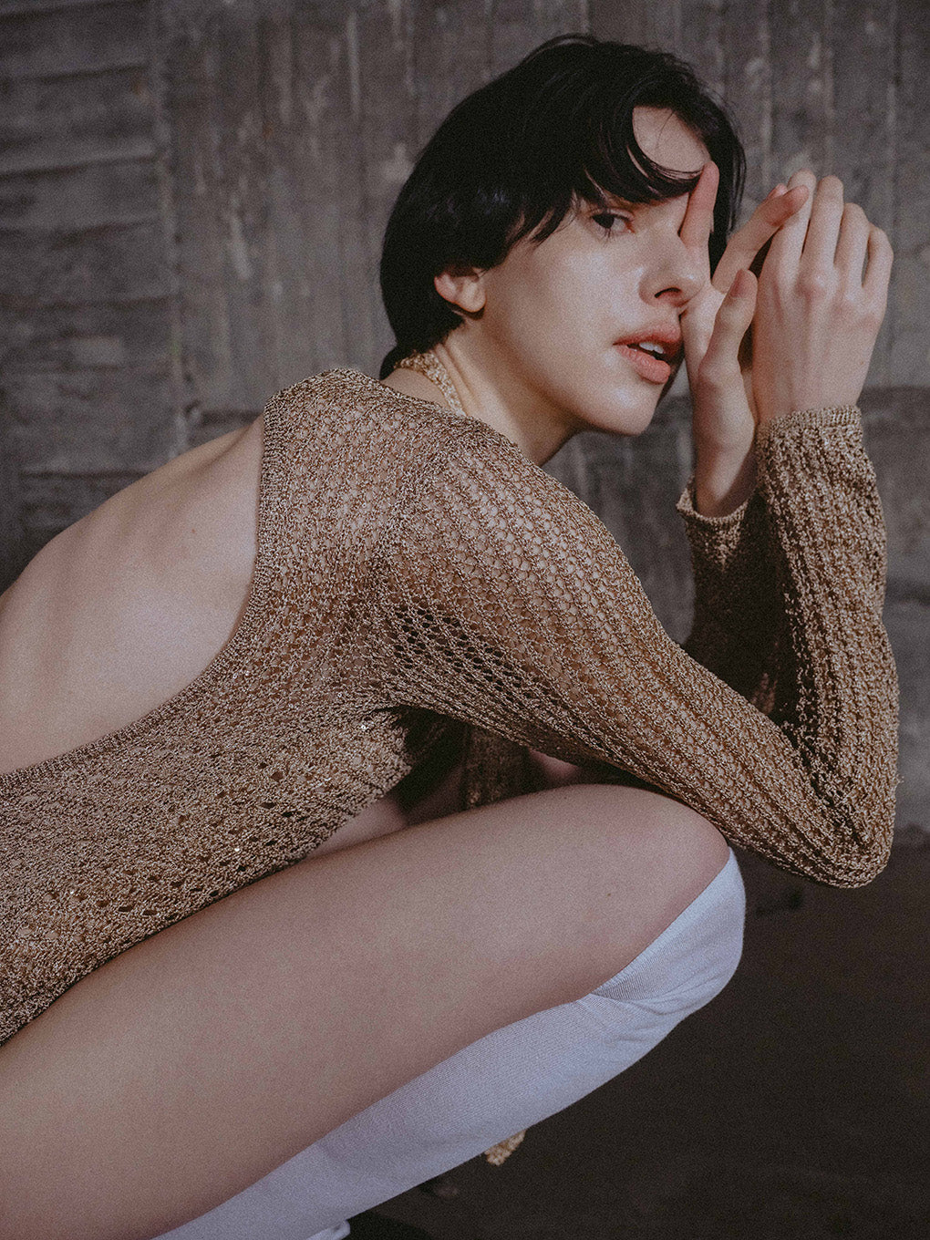 KNIT CROCHET BODYSUITE W/NECKTIE